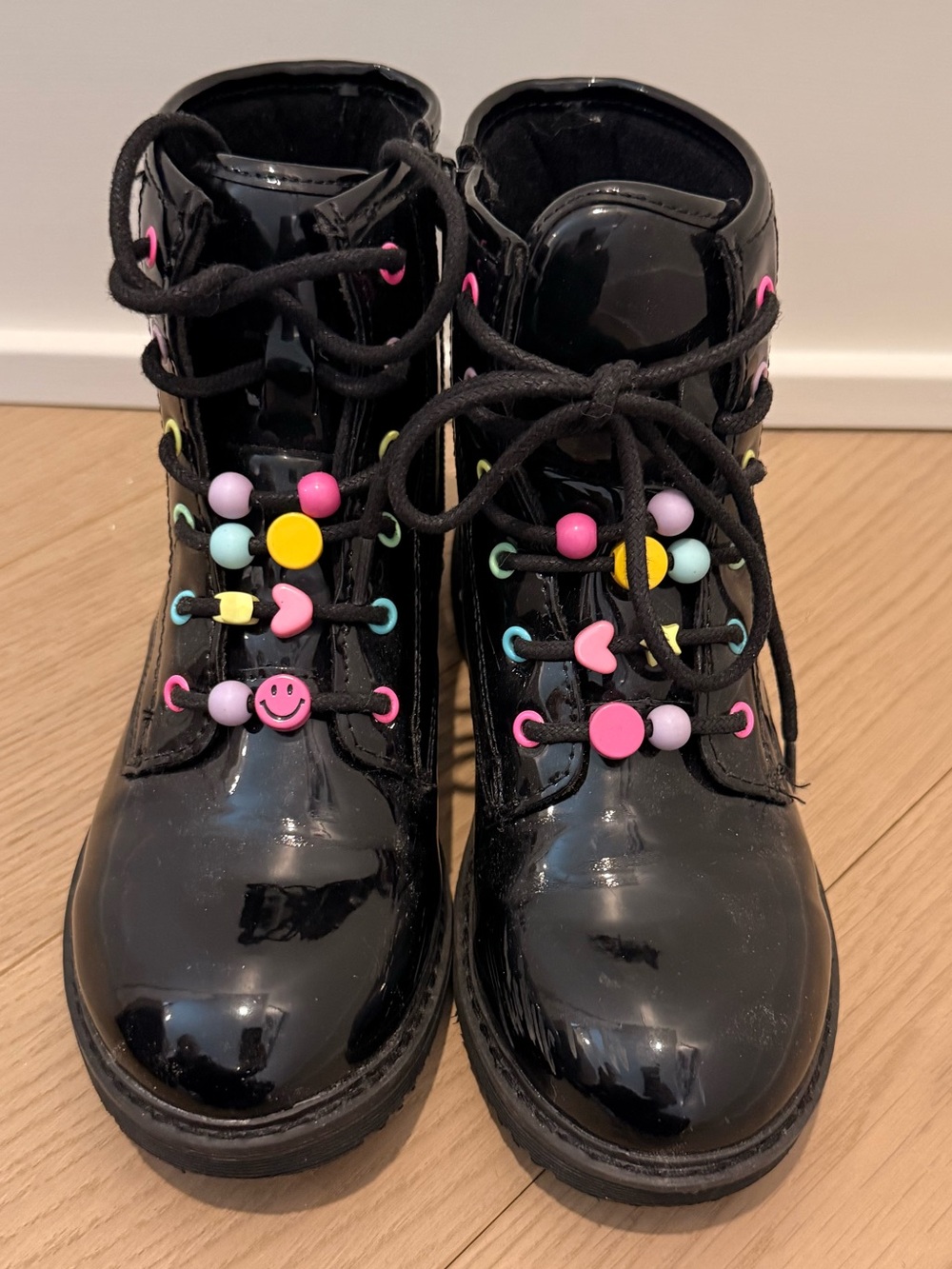 The Children's Place Black Patent Lace-Up Boots with Multicolor Bead Accents